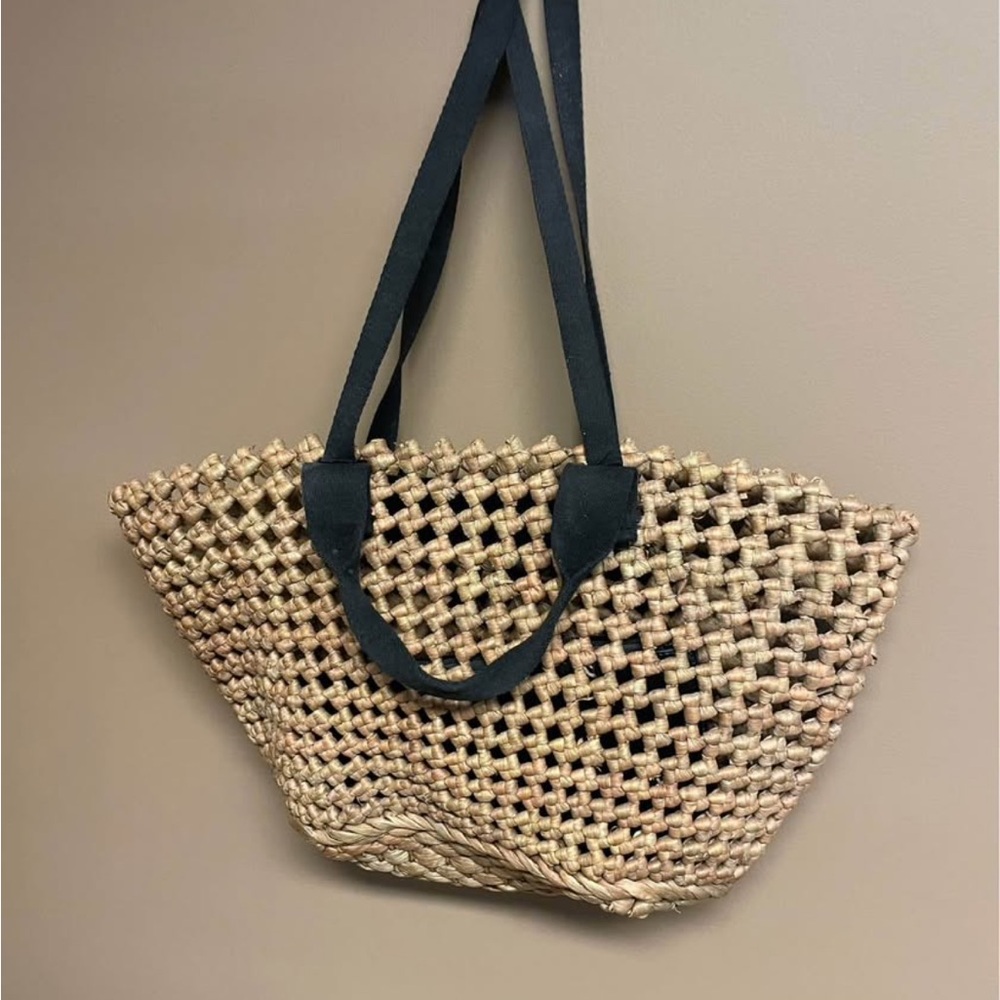 Woven Tan Tote Bag with Black Straps